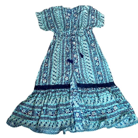 Boemo BOHO Floral Maxi Dress Button-Up Ruffle Hem Tassel Tie Sz M #236D - Picture 2 of 9